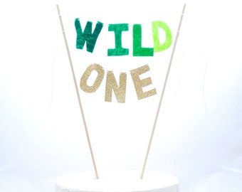 Topper na tort Wild One - Topper na tort z filcu - Tort urodzinowy Wild One - Dekoracja na imprezę Wild One - 1. urodziny - One Wild Year - Musztardowy granatowy mięta