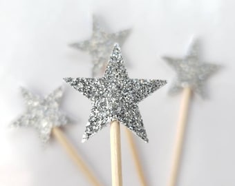 Tiny Silver Star Cupcake Topper - Silver Glitter Cupcake Star - Double Sided - Silver Birthday Party Picks - Mini Cupcake Toothpick Stars