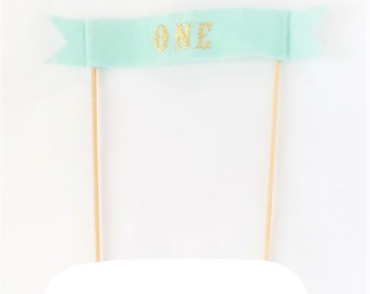 Boy Smash Cake Topper - First Birthday Cake - Mint Cake Topper - ONE Cake Topper Boy - Felt Cake Topper - Fabric Banner Cake Topper + GOLD