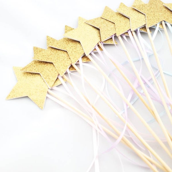 Pastel GOLD Glitter Star Wands -Gold Star Wands - Princess Wand - Glitter Star  Ribbon Wand - Princess Party Favor - Simple Pastel Wand