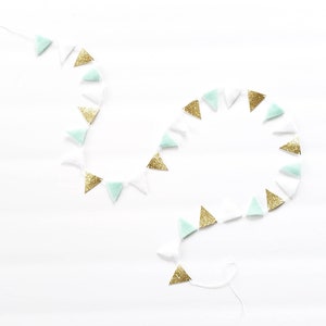 Mint Gold Glitter Tiny Bunting Mint To Be Mint Party Decor Tiny Felt Triangle Garland Felt Triangle Banner Mint Baby Shower Banner image 1