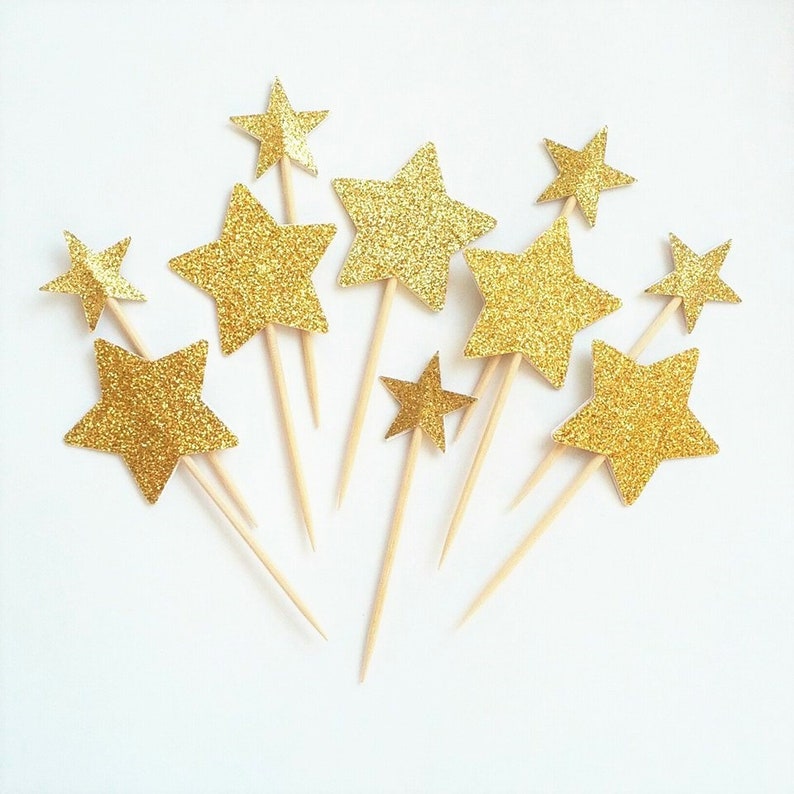 Gold Star Cupcake Topper Gold Glitter Cupcake Star Double Etsy
