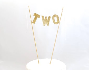 TWO Hand Cut Cake Topper - Gold Glitter Linen Second Birthday Cake - TWO BOLD Font Cake Topper - Second Birthday Cake Bunting - 2nd Birthday