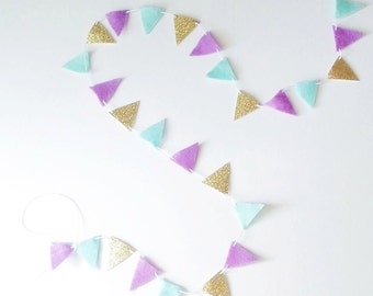 3 -12ft Tiny Felt Bunting - Purple and Mint Fabric Bunting - Purple Gold Mint Hot Air Balloon Triangle Flags - Purple Birthday Banner