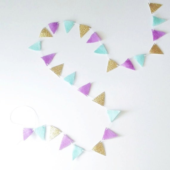 3 -12ft Tiny Felt Bunting - Purple and Mint Fabric Bunting - Purple Gold Mint -Purple Girls Nursery Triangle Party Banner - Purple Birthday Il_570xn