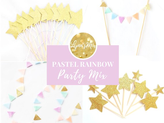 PASTEL RAINBOW PARTY - Rainbow Cake Topper - Pastel Star Wand Birthday Favors - Tiny Pastel Rainbow Triangle Banner - Gold Star Cupcake Il_570xn