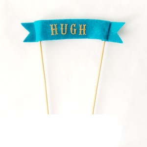 Felt Fabric Cake Ribbon - Gold and Blue Cake Banner - Banner Cake Topper - Blue Cake Flag - Ribbon Cake Topper - Custom Name Cake Topper