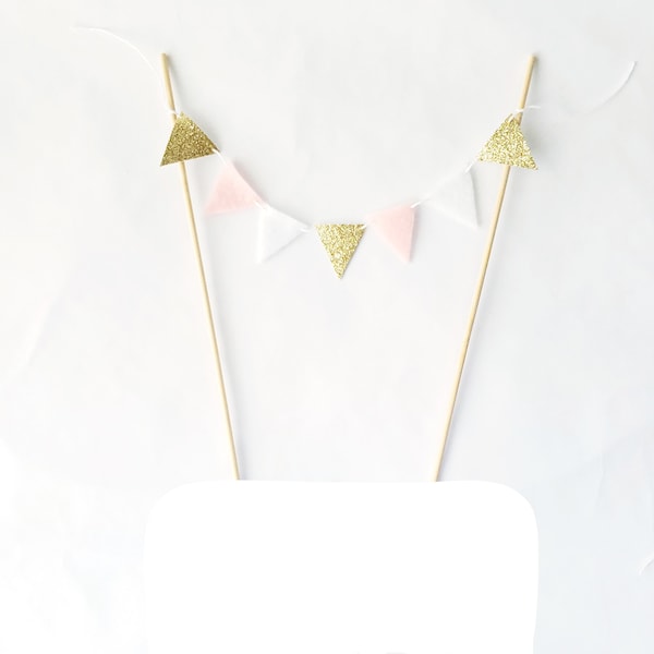 Pink Cake Topper - Pink and Gold Cake - Tiny Fabric Bunting - Pink Felt Cake Topper - Girls Birthday Cake Banner Party - Pink Baby Shower