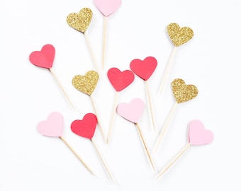 12+ CUPCAKE Hearts - Red Pink Gold Heart Cupcake Toppers - Galentine's Day Cupcake Toppers - Mix + Match Cupcake Picks - Dessert Toothpicks