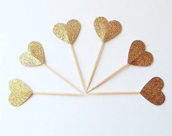 Dozen+ Heart Cupcake Topper Gold Heart Cupcake Topper - Gold Glitter Cupcake Heart - Golden Birthday Party Picks -Cake Topper Toothpick Gold