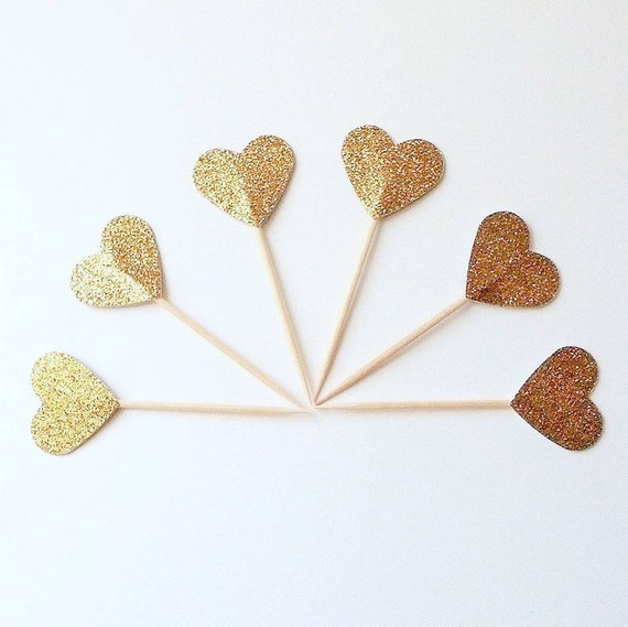 Dozen+ Heart Cupcake Topper Gold Heart Cupcake Topper - Gold Glitter Cupcake Heart - Golden Birthday Party Picks -Cake Topper Toothpick Gold Il_570xn