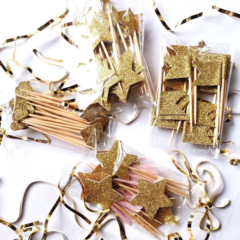 Gold Star Cupcake Topper Gold Glitter Cupcake Star Double Etsy