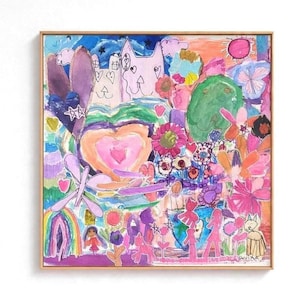 May include: A vibrant, framed artwork with a childlike aesthetic. The painting showcases hearts, flowers, and a cat, rendered in pinks, purples, greens, and oranges. The style is reminiscent of children's art, with a playful, colourful composition.