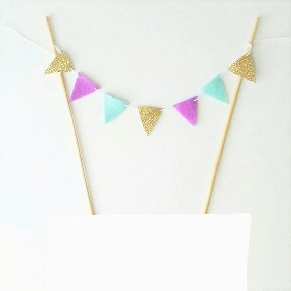 Unicorn Cake Topper - Purple and Mint Cake Bunting Fabric- Pastel Birthday Cake - Gold Cake Banner Party Decor Cake Topper Gold Glitter Cake Il_570xn