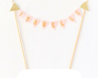 Name Felt Cake Bunting - Felt Bunting Pink Garland - Gold Cake Banner Party Decor Cake Topper Gold Glitter Bunting - Baby Pink Princess Cake