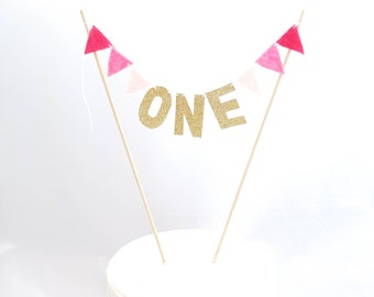 ONE Pink Cake Bunting - One Cake Banner - One Year Old Smash Cake Topper - 1st Birthday Cake Garland - GOLDEN ONE Cake Bunting - Girls Cake