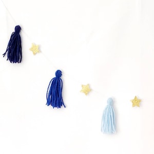OMBRE BLUE Star Tassel Garland - Yarn Tassel Banner - Blue Tassel - Indigo Blue  Nursery Decor - Twinkle Little Star Bunting - Gold Stars