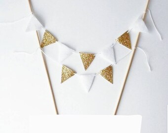 White or Ivory Wedding Cake Topper - Felt Bunting Fabric Garland - Cake Gold Party - Cake Bunting Gold Glitter Bunting -Gold Cake Banner