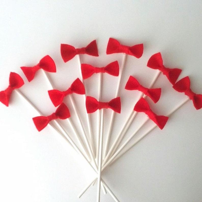 12 RED Bow Cupcake Toppers felt Bows 4 or 6 Inch White Etsy