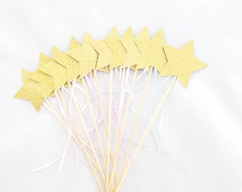 Pastel GOLD Glitter Star Wands -Gold Star Wands - Princess Wand - Glitter Star  Ribbon Wand - Princess Party Favor - Simple Pastel Wand