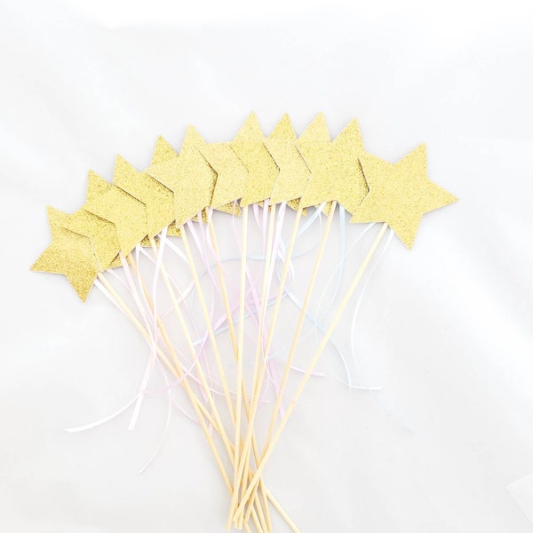 Pastel GOLD Glitter Star Wands -Gold Star Wands - Princess Wand - Glitter Star  Ribbon Wand - Princess Party Favor - Simple Pastel Wand