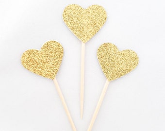 Dozen+ Two Sided Gold Glitter Heart Cupcake Topper - Gold Cupcake Heart - Wedding Birthday Party Picks - Bling Cake Dessert Toothpick Heart