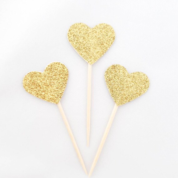 Dozen+ Two Sided Gold Glitter Heart Cupcake Topper - Gold Cupcake Heart - Wedding Birthday Party Picks - Bling Cake Dessert Toothpick Heart Il_570xn