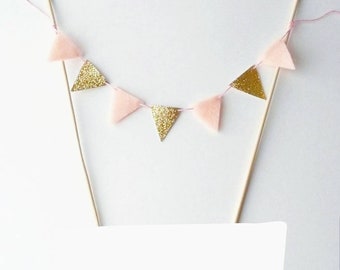 Baby Pink Cake Bunting - Felt Bunting Fabric Garland - Gold Cake Gold Party Decor - Cake Topper Gold Glitter Bunting - Gold Baby Cake Banner