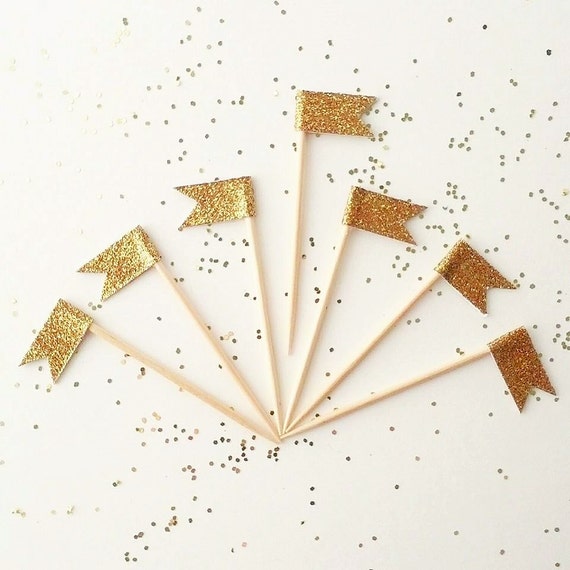 12 Gold Flag Tiny Cupcake Flag Topper - Gold Mini Cupcake Banner - Golden Birthday Party Pick -Gold Glitter Topper Dessert Pick Gold Decor Il_570xn
