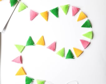 Jungle Party Triangle Banner - Flamingo Party Decor - Tiny Felt Bunting - Summer Pool Party Banner - Green Pink Yellow Garland