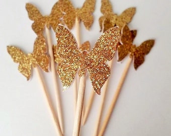 Dozen Gold Butterfly Cupcake Topper - Gold Glitter Cupcake Butterflies - Spring Party Golden Butterfly Party - Butterfly Birthday Decoration
