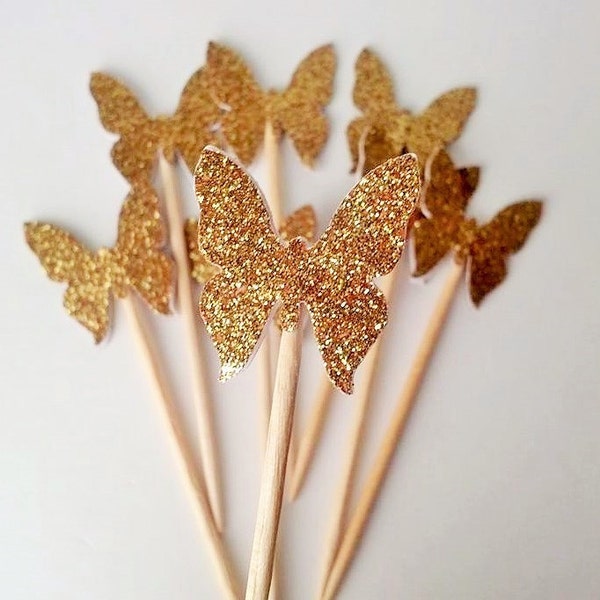 Dozen Gold Butterfly Cupcake Topper - Gold Glitter Cupcake Butterflies - Spring Party Golden Butterfly Party - Butterfly Birthday Decoration