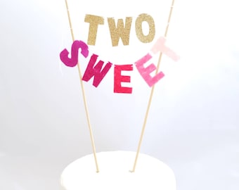 Two Sweet Cake Topper - Pink & Gold Glitter, Second Birthday Decor