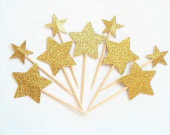 Golden Anniversary Glitter Star Cupcake Toppers - Party Picks, Double Sided
