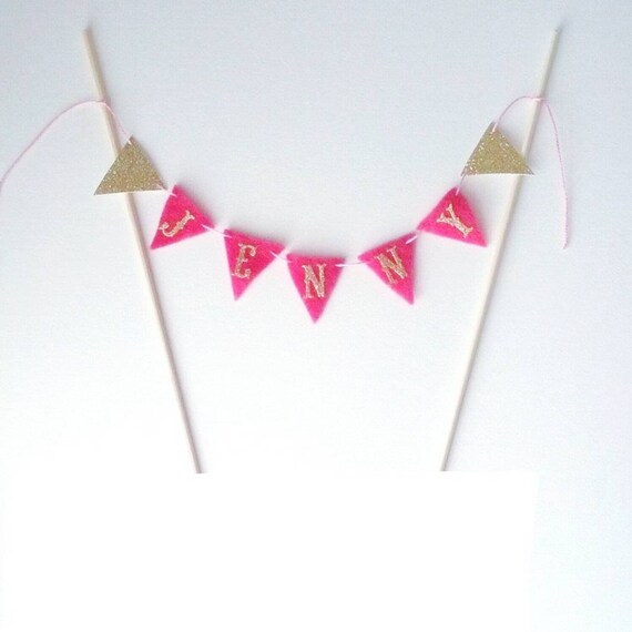 Name Cake Topper - Pink Tiny Bunting Garland - Pink and Gold Cake Topper - Name Cake Bunting Gold Glitter Bunting - Pink Princess Cake Gold Il_570xn