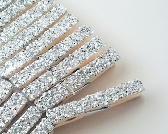 SILVER Glitter Clothespins - Full Size - Placecard Holder - Card - Place Setting - Bunting Clips - Silver Metallic Glitter Clothes Pins Peg