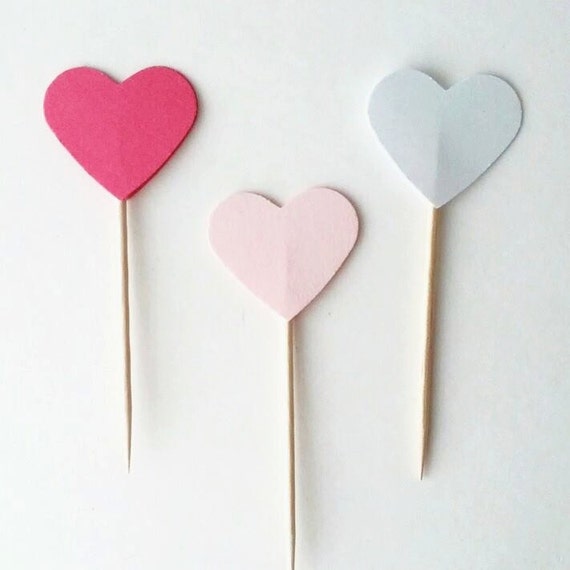 12+ Pink Heart Cupcake Topper - Baby Pink White Party Cupcake Heart - Pink Birthday Party Picks Topper Hot Pink and White Cupcake Topper Il_570xn