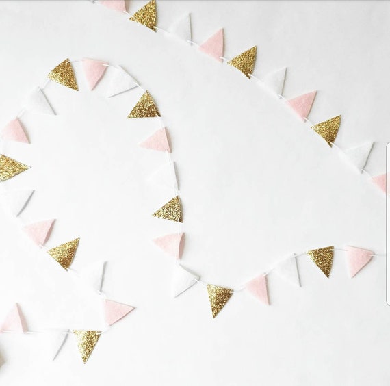 3 -12ft Pink and Gold Felt Bunting - Tiny Fabric Bunting -Pink Wall Hanging -Pink Girls Nursery Triangle Party Banner - Baby Pink Birthday Il_570xn