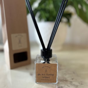 May include: A clear glass diffuser bottle with black reeds and a brown label that reads "Reed the Room You are f**king brilliant Pomegranate & Fig".