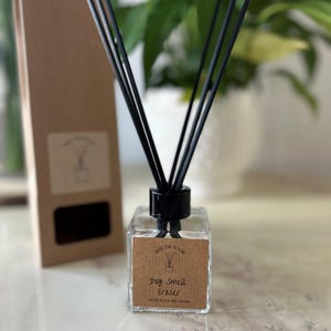 Peut inclure: Un diffuseur de parfum en verre transparent avec des roseaux noirs et une étiquette brune qui indique "Reed the Room Dog Smell Eraser Cedar Wood and Jasmine".