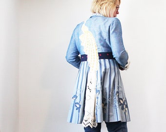 SIZE M, jacket, coat, peacock, applique, artwear, wearable art, upcycled, handmade, one of one, pondhopper remixed