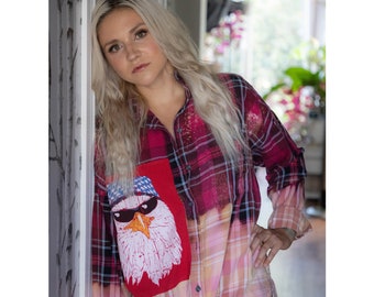 SIZE L - XXL, long sleeve top, plaid shirt, tunic, shirt, blouse, mashup, bald eagle, stars and stripes, country, western, casual