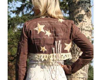 SIZE S, cropped jacket, artwear, wearable art, upcycled, romantic, stars, lace, one of a kind, handmade, applique, embroidery, rust print,