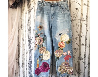 SIZE S - L, jeans, applique, moose, rabbit, roses, distressed, wide leg, high rise, wearable art, boho, upcycled, handmade, pondhopper