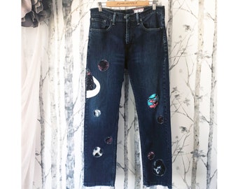 SIZE M, jeans, handmade, reworked, patched jeans, upcycled, planets, Saturn, wearable art, artwear, pondhopper remixed