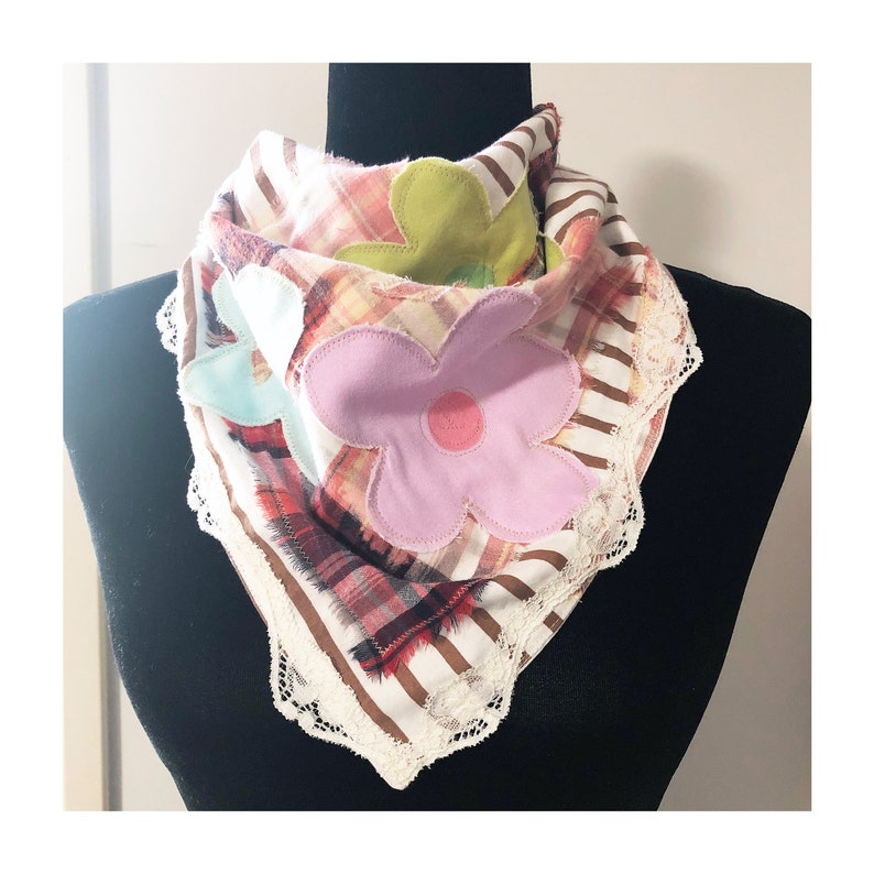 bandana, head scarf, kerchief, necktie, headband, wild rag, artwear, wearable art, upcycled, one of a kind, handmade image 1