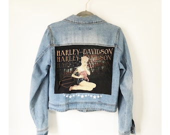 SIZE M, denim jacket, jean jacket, Harely Davidson, motorbike, ride or die, hand painted, upcycled, pondhopper remixed