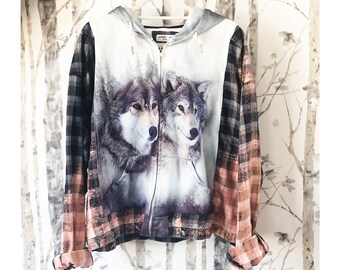 SIZE L - XXL, jacket, hoodie, plaid, wolf, one of a kind, handmade, upcycled, pondhopper remixed