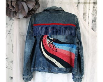 SIZE M - L, denim jacket, jean jacket, surfing, hand painted, upcycled, reworked, vintage graphic, pondhopper remixed