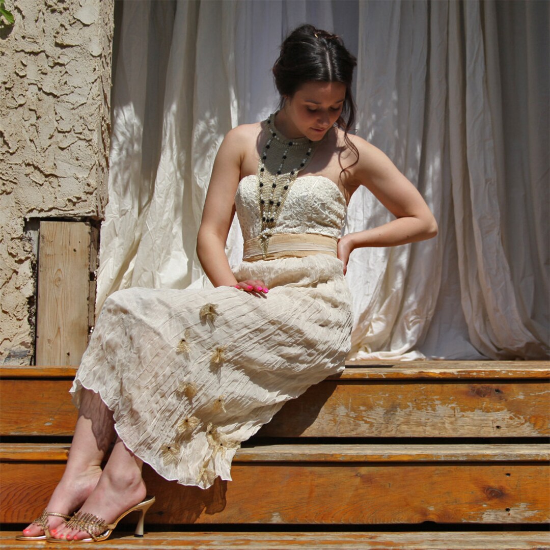 SIZE XS S, Dress, Halter Neck, Cream, Broomstick Pleat, Romantic